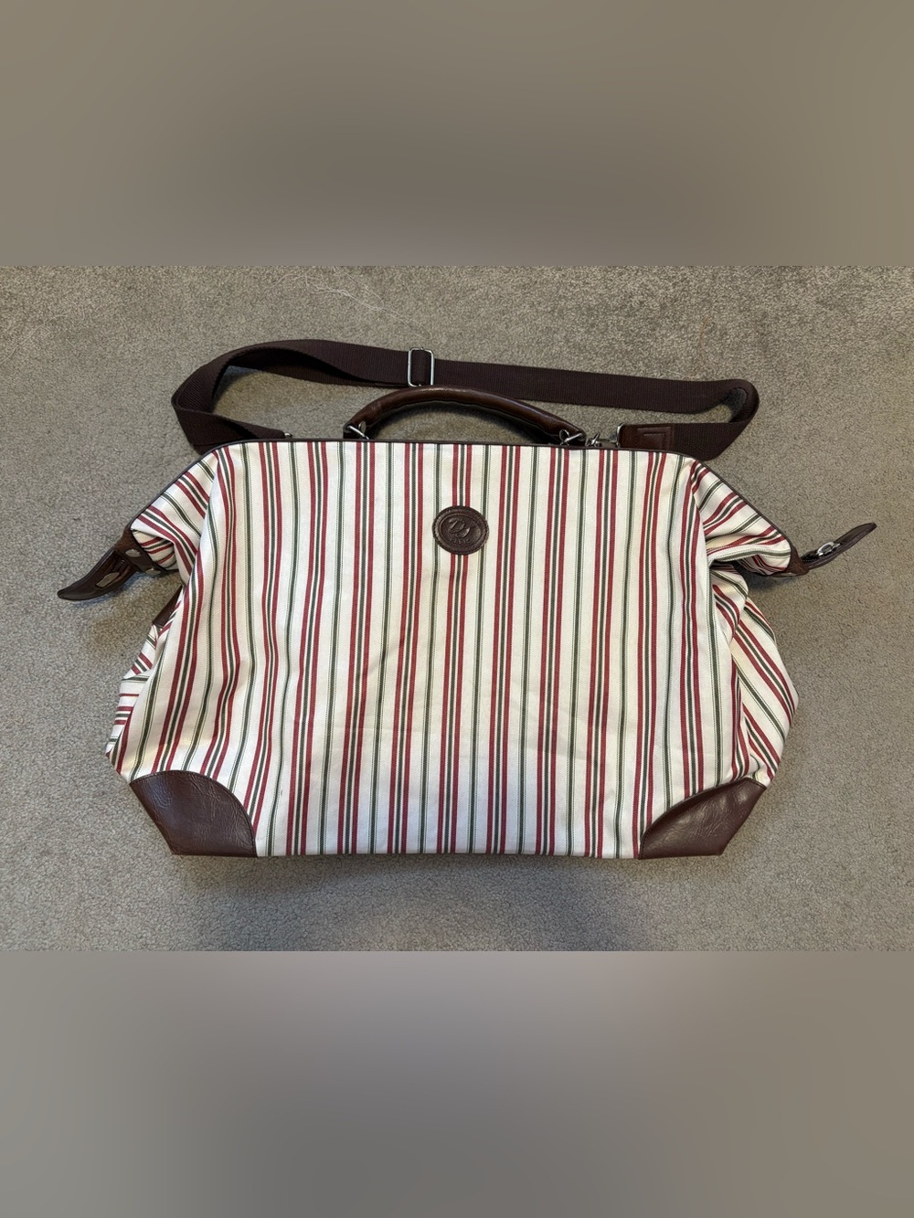 Vintage Striped Canvas Overnight Bag with Brown Leather Trim